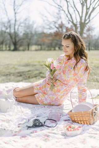 Pink & Orange Flower Belted Denim Dress