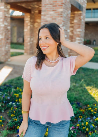 Pink Ribbed Short Sleeve Peplum Top - Select Trends Boutique