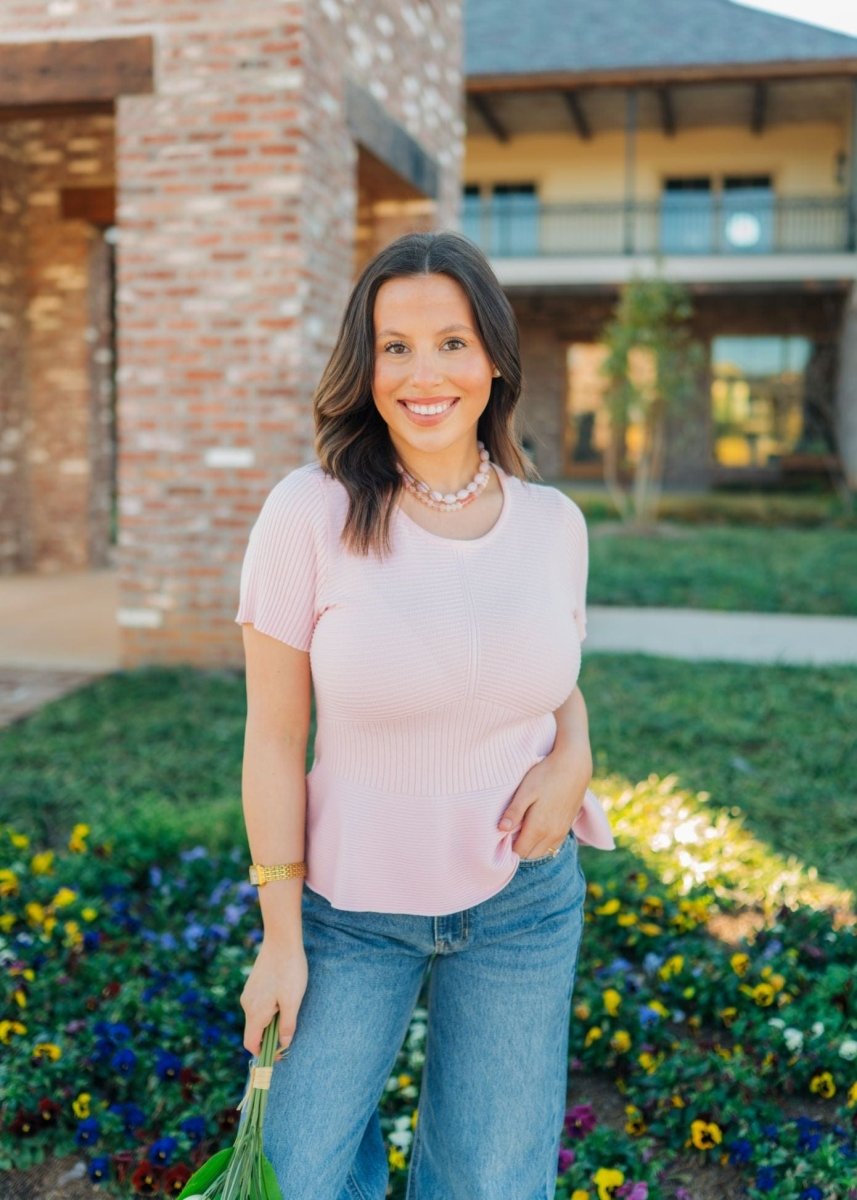 Pink Ribbed Short Sleeve Peplum Top