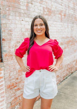 Pink V - Neck Balloon Sleeve Blouse - Select Trends Boutique