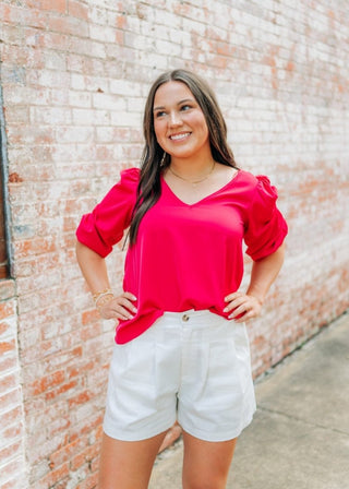 Pink V - Neck Balloon Sleeve Blouse - Select Trends Boutique