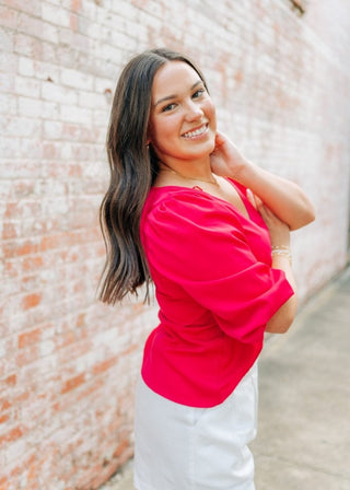 Pink V - Neck Balloon Sleeve Blouse - Select Trends Boutique