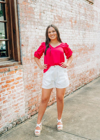 Pink V - Neck Balloon Sleeve Blouse - Select Trends Boutique