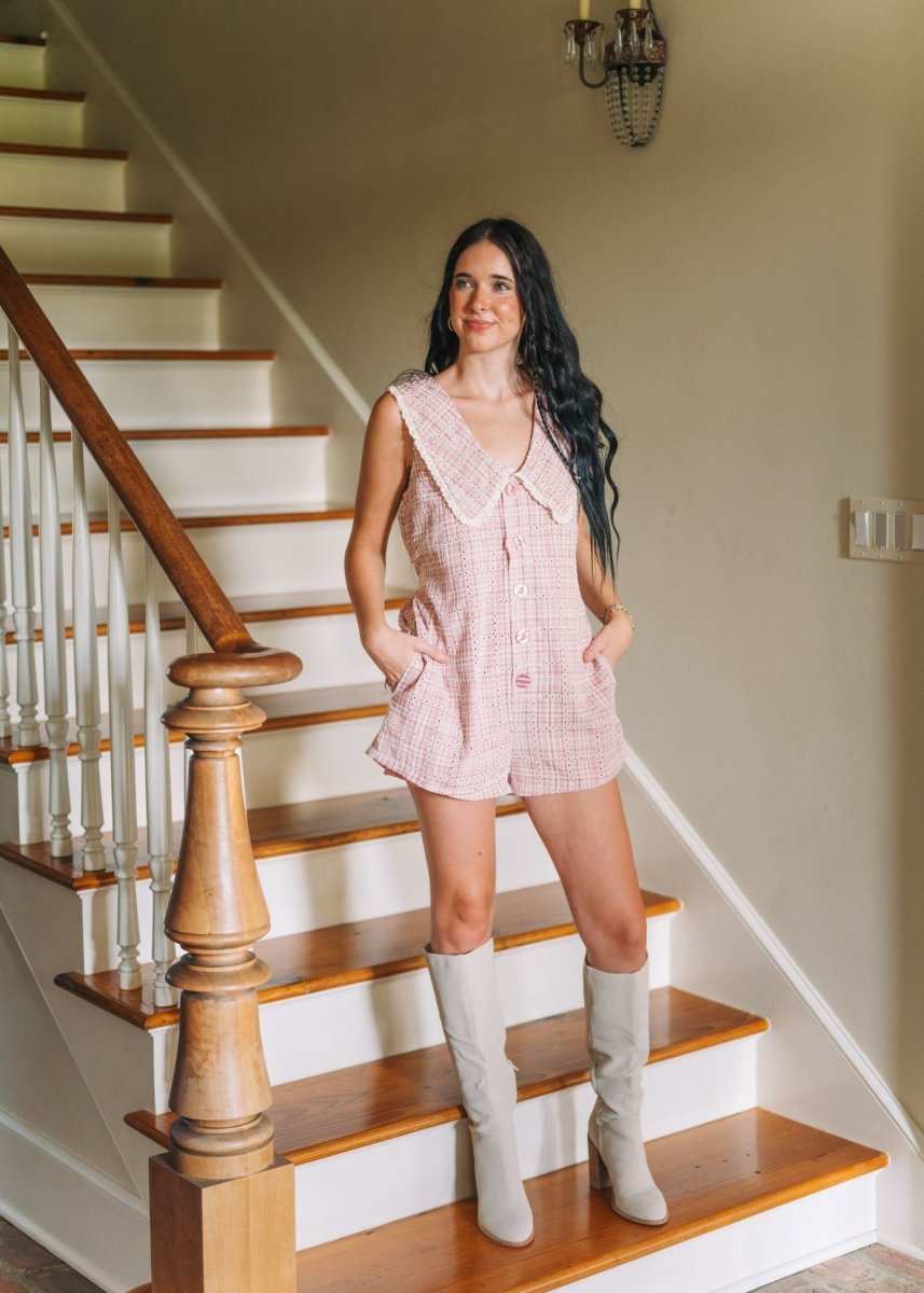 Poppy Pink Plaid Button Up Romper