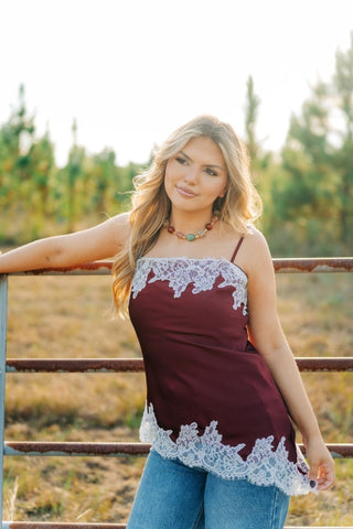 PREORDER(OCT 30)-Burgundy Lace Trim Asymmetrical Top | Select Trends Boutique