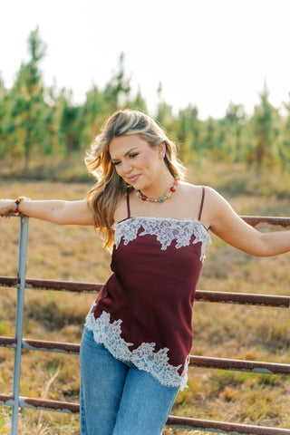 PREORDER(OCT 30)-Burgundy Lace Trim Asymmetrical Top | Select Trends Boutique