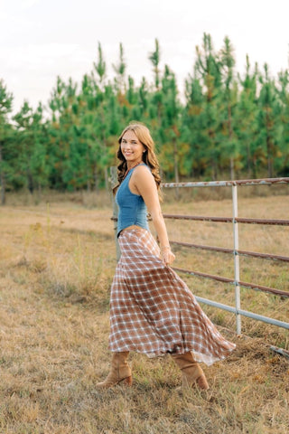 Pumpkin Plaid Satin Maxi Skirt | Select Trends Boutique