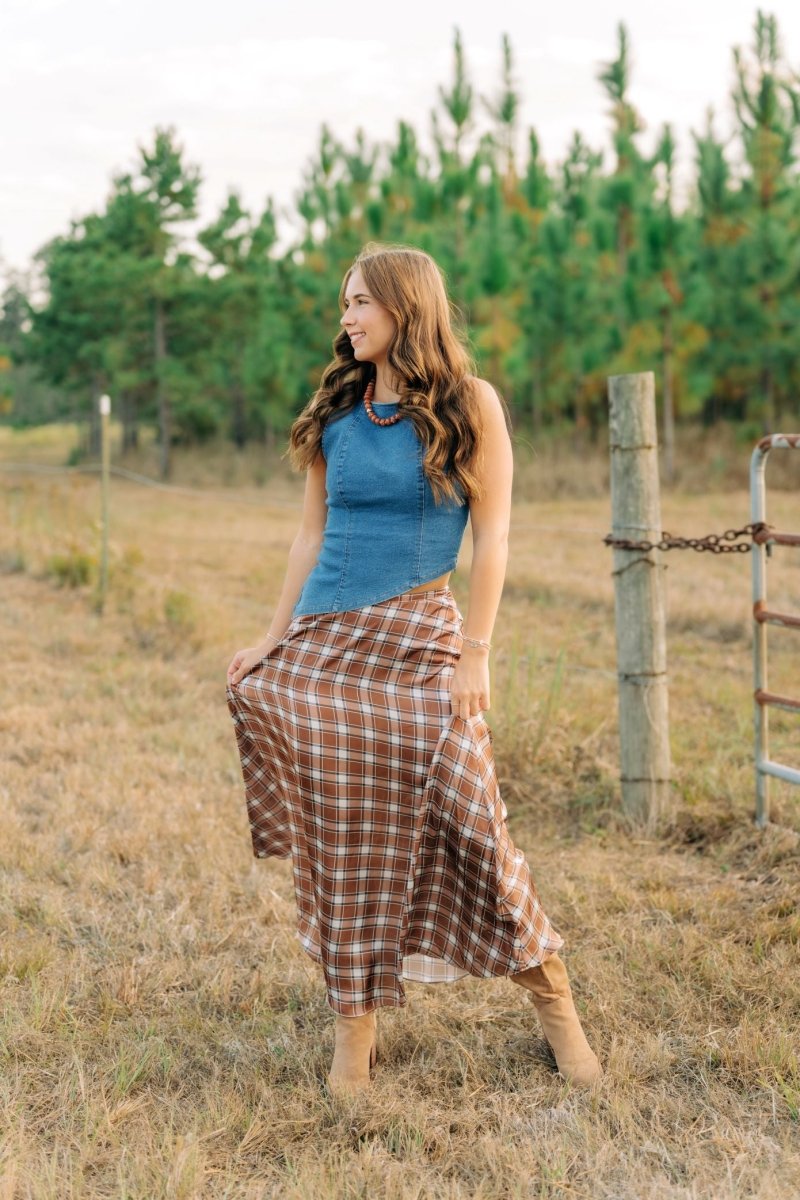 Pumpkin Plaid Satin Maxi Skirt