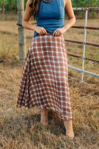 Pumpkin Plaid Satin Maxi Skirt | Select Trends Boutique