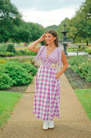 Purple Checkered Shoulder Tie Dress | Select Trends Boutique