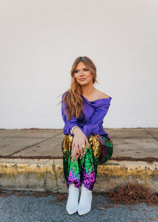 Purple Draped Shoulder Satin Top | Select Trends Boutique