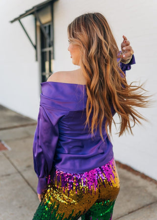 Purple Draped Shoulder Satin Top | Select Trends Boutique