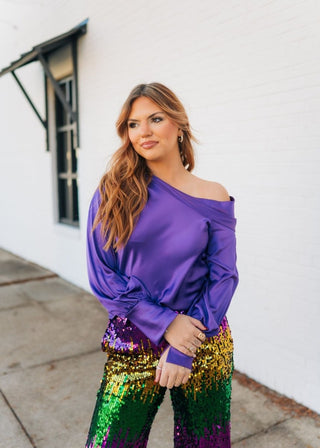 Purple Draped Shoulder Satin Top | Select Trends Boutique