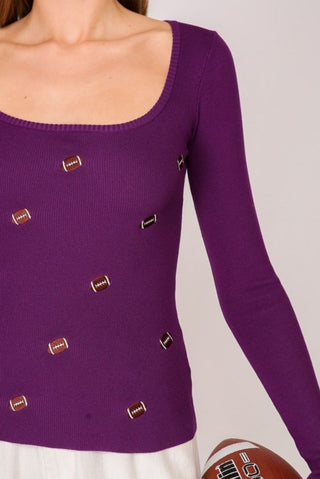 Purple Football Embroidered Longsleeve Top - Select Trends Boutique