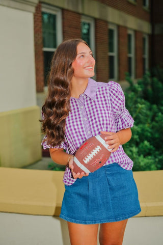 Purple Gingham Puff Sleeve Blouse | Select Trends Boutique