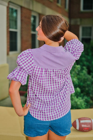 Purple Gingham Puff Sleeve Blouse | Select Trends Boutique