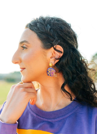 Purple & Gold Rhinestone Helmet Earrings | Select Trends Boutique