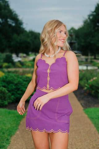Purple & Gold Trim Scallop Hem Mini Skirt Set | Select Trends Boutique