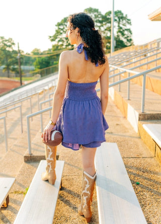Purple Halter Neck Smocked Romper - Select Trends Boutique