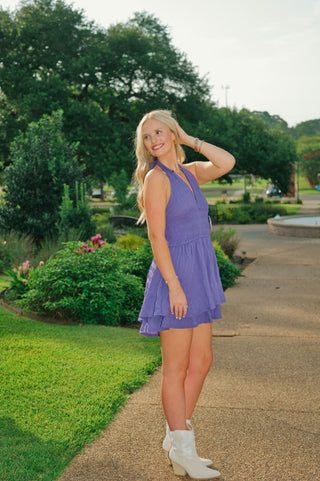 Purple Halter Neck Smocked Romper | Select Trends Boutique