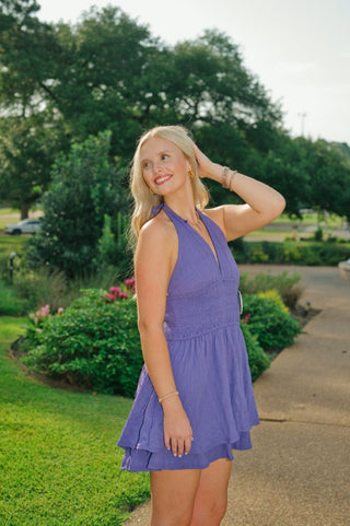 Purple Halter Neck Smocked Romper | Select Trends Boutique