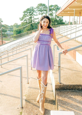 Purple Plaid Shoulder Tie Mini Dress - Select Trends Boutique