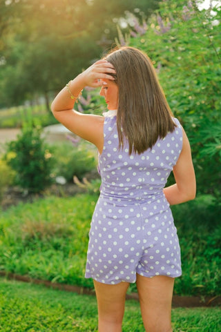 Purple Polka Scallop Button Romper | Select Trends Boutique