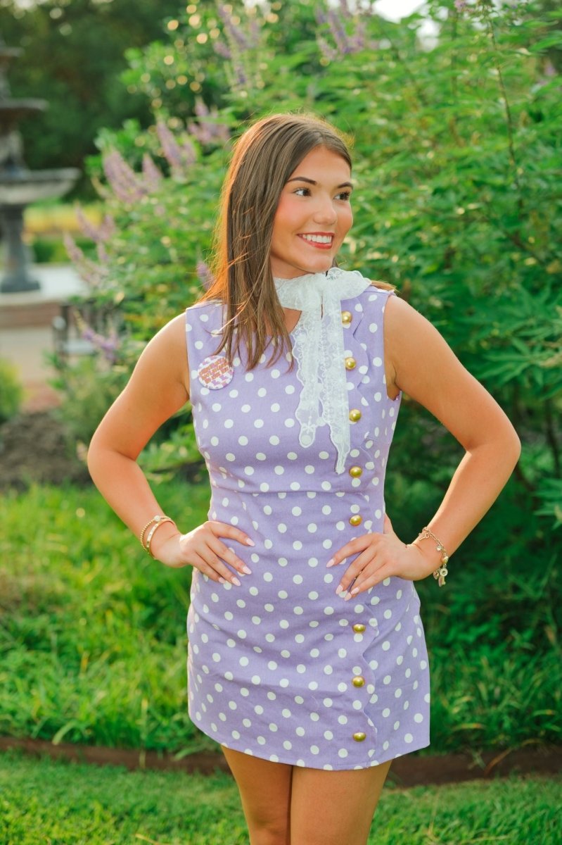 Purple Polka Scallop Button Romper