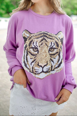 Purple Tiger Face Sequin Sweatshirt | Select Trends Boutique