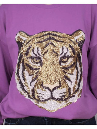 Purple Tiger Face Sequin Sweatshirt | Select Trends Boutique
