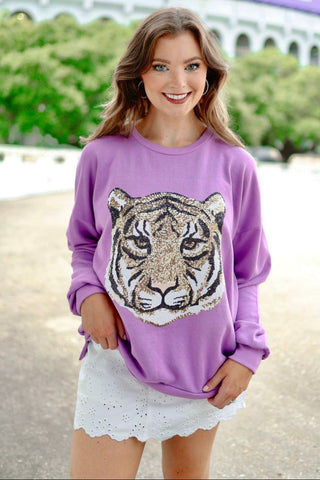 Purple Tiger Face Sequin Sweatshirt | Select Trends Boutique