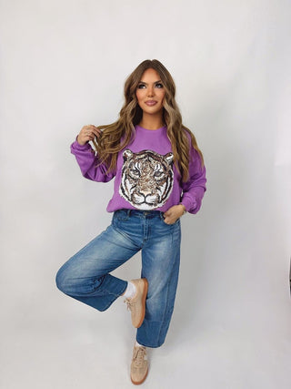 Purple Tiger Face Sequin Sweatshirt | Select Trends Boutique