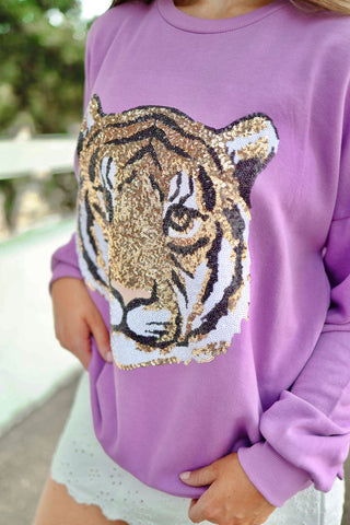 Purple Tiger Face Sequin Sweatshirt | Select Trends Boutique