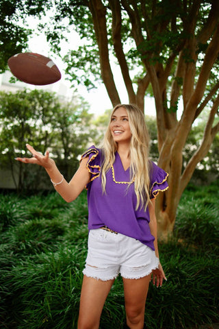 Purple & Yellow Ruffle Sleeve Blouse | Select Trends Boutique