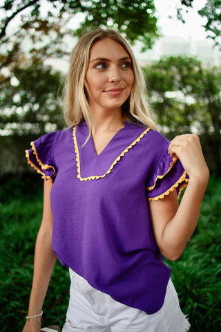 Purple & Yellow Ruffle Sleeve Blouse | Select Trends Boutique
