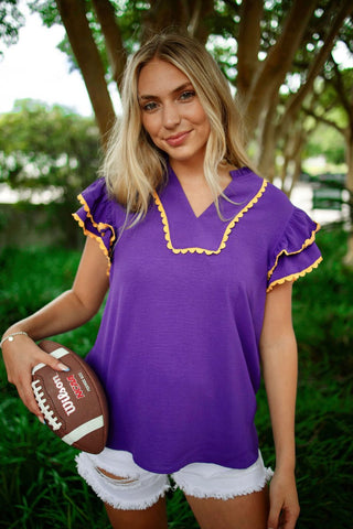 Purple & Yellow Ruffle Sleeve Blouse | Select Trends Boutique