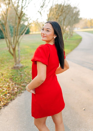 Red Bow Trim Puff Sleeve Mini Dress - Select Trends Boutique