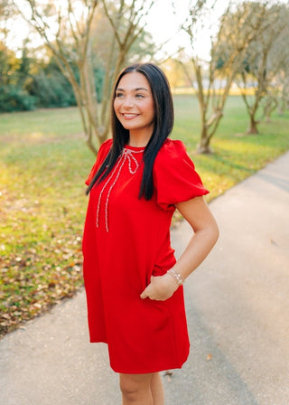 Red Bow Trim Puff Sleeve Mini Dress - Select Trends Boutique