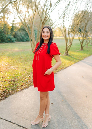 Red Bow Trim Puff Sleeve Mini Dress - Select Trends Boutique