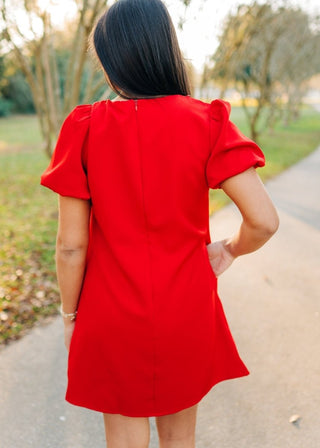 Red Bow Trim Puff Sleeve Mini Dress - Select Trends Boutique