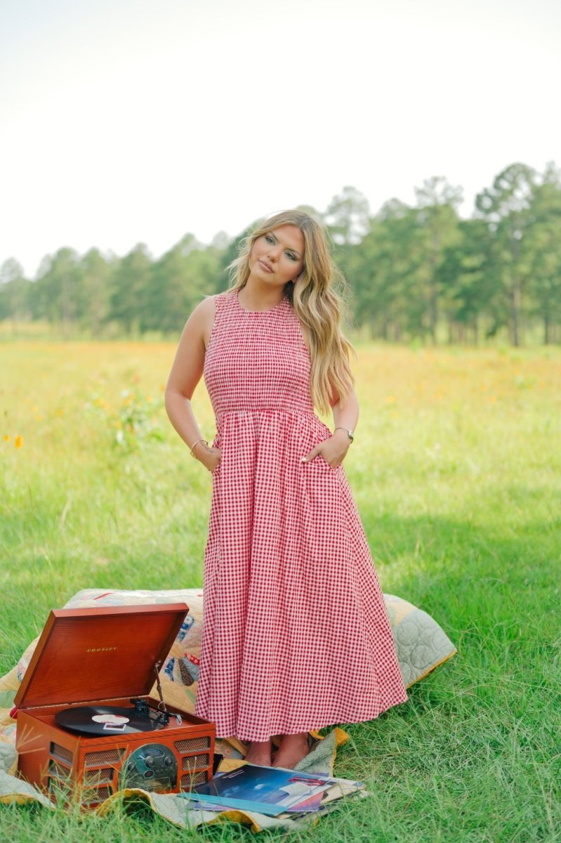 Red Gingham Open Back Maxi Dress