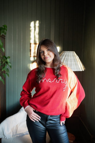 Red Merry Embroidered Sweater | Select Trends Boutique