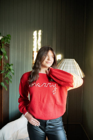Red Merry Embroidered Sweater | Select Trends Boutique