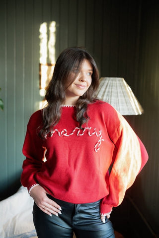 Red Merry Embroidered Sweater | Select Trends Boutique