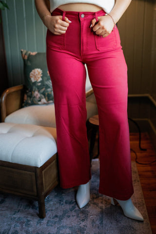 Red Patch Pocket Wide Leg Jeans