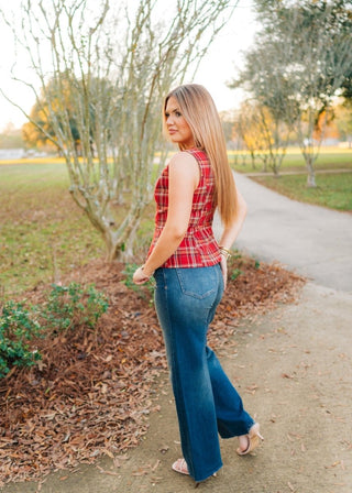 Red Plaid Button Up Sleeveless Vest - Select Trends Boutique
