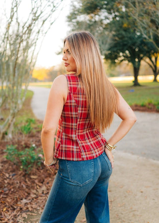 Red Plaid Button Up Sleeveless Vest - Select Trends Boutique