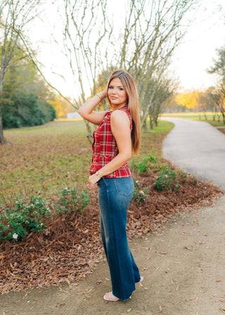 Red Plaid Button Up Sleeveless Vest - Select Trends Boutique