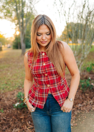 Red Plaid Button Up Sleeveless Vest - Select Trends Boutique
