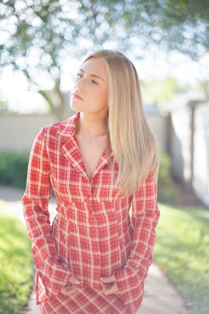Red Plaid Set Collared Blouse